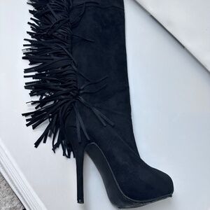Thigh High Black Suede Fringe Boots Size 6